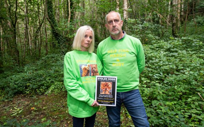 Angela and Giles Greenhough at the location in the grounds of their home where their dogs were stolen