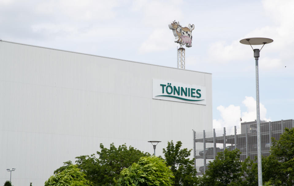 19 June 2020, North Rhine-Westphalia, Rheda-Wiedenbrück: The Tönnies logo can be seen on a production hall. At the Tönnies slaughterhouse in Rheda-Wiedenbrück, several hundred employees have tested positive for the corona virus since the beginning of the week. Photo: Friso Gentsch/dpa (Photo by Friso Gentsch/picture alliance via Getty Images)