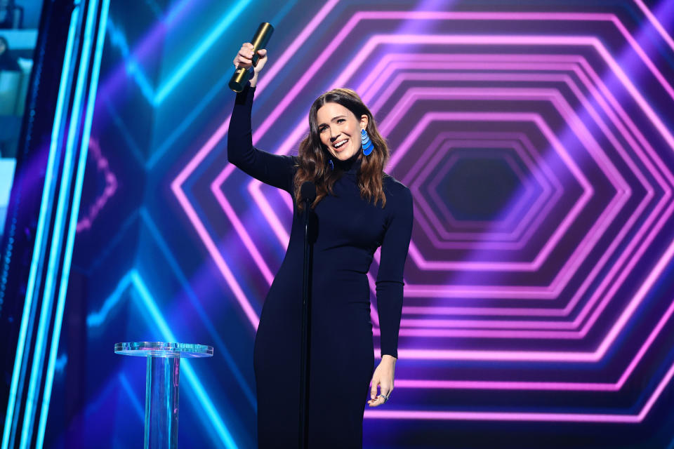 Mandy Moore accepts an award onstage at the 2020 E! People's Choice Awards