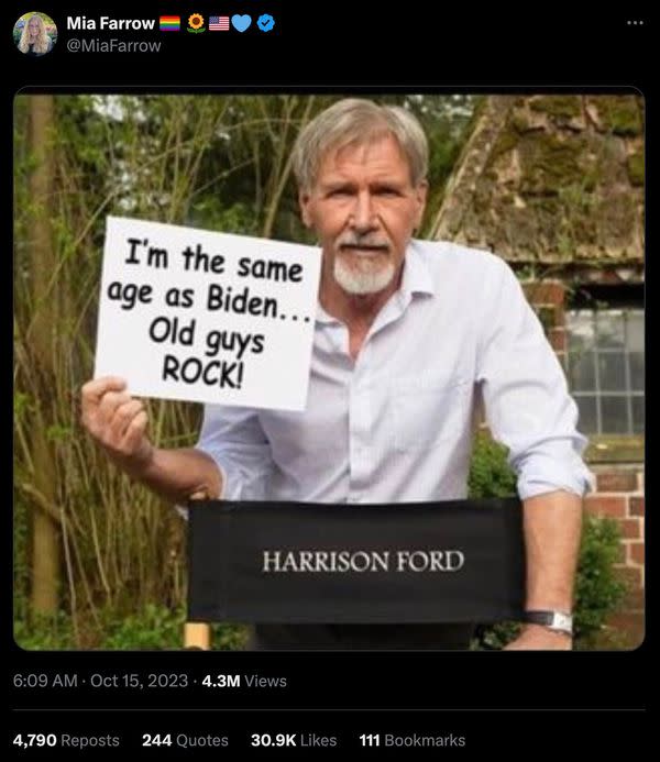  An online post purported Harrison Ford was photographed holding a sign displaying the words I'm the same age as Biden and old guys rock.