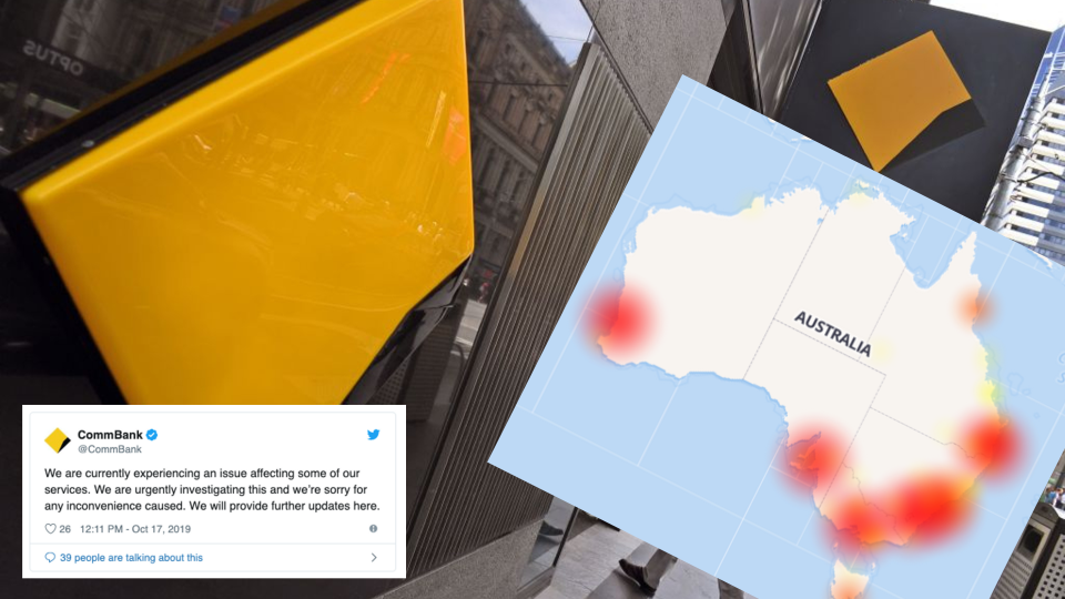 Is the CommBank outage leaving you starving? Images: Getty, DownDetector, Twitter (Commonwealth Bank)