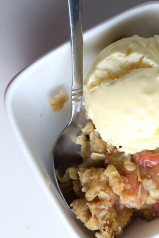 <p>The Taylor House</p><p>Don't forget the scoop of ice cream on top.</p><p><strong>Get the recipe: <a href="http://www.thetaylor-house.com/moms-classic-rhubarb-crisp/" rel="nofollow noopener" target="_blank" data-ylk="slk:Rhubarb Crisp;elm:context_link;itc:0;sec:content-canvas" class="link ">Rhubarb Crisp</a></strong></p>