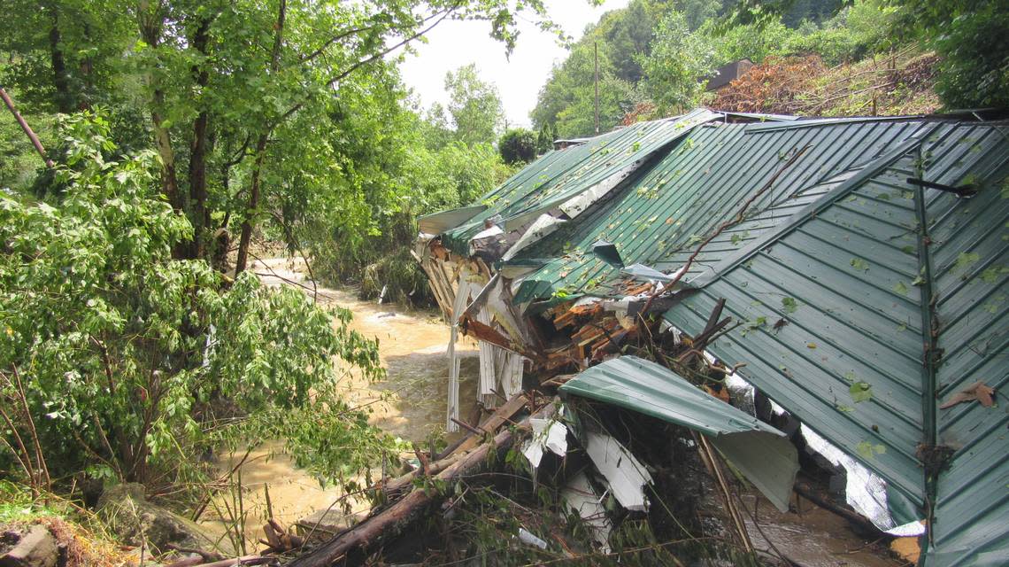 Flash flooding in Perry County, Ky., on July 28, 2022 washed a mobile home owned by Eunice Howard more than 100 yards down Grapevine Creek and smashed it against a bridge.
