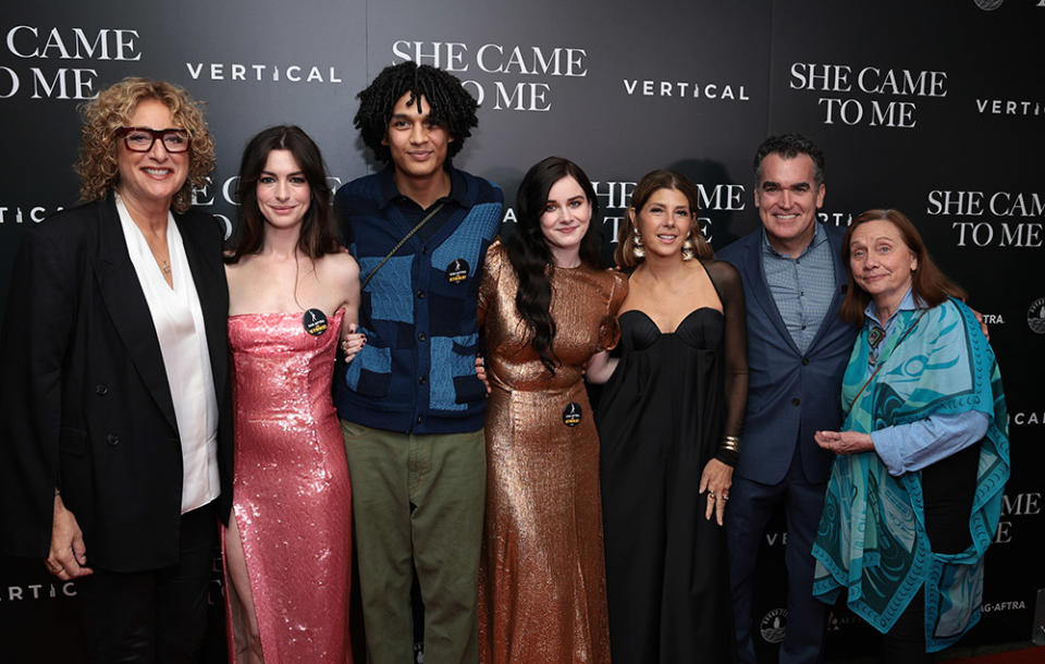 (L-R) Judy Gold, Anne Hathaway, Evan A. Ellison, Harlow Jane, Marisa Tomei, Brian d'Arcy James, and Dale Soules attend the "She Came To Me" New York Screening at Metrograph on October 03, 2023 in New York City.