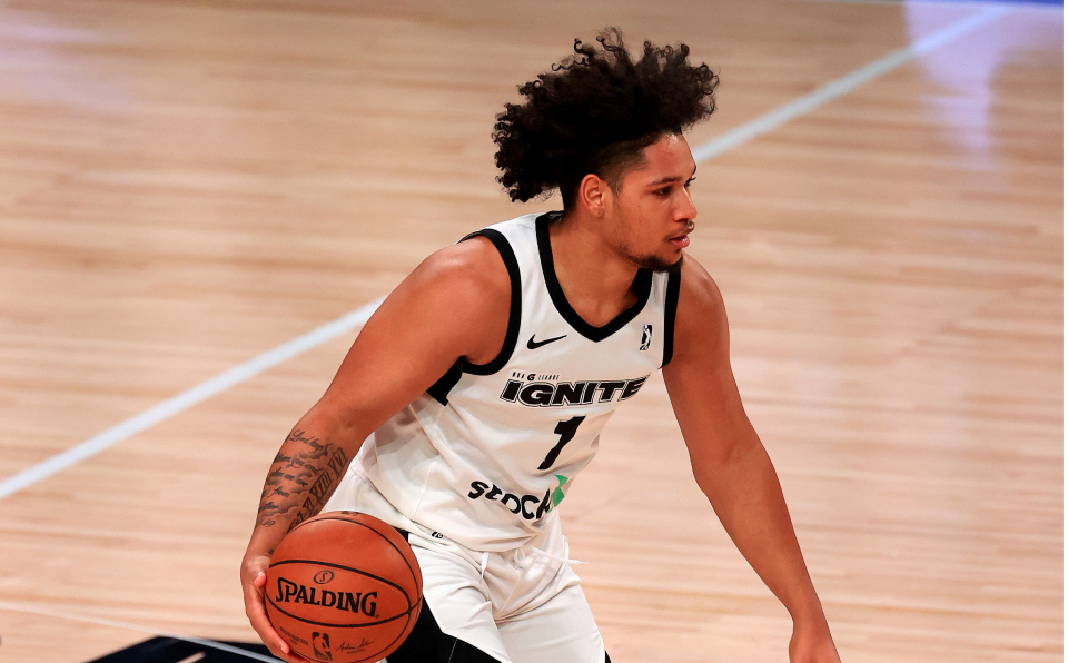 LAKE BUENA VISTA, FLORIDA - FEBRUARY 18: Daishen Nix #1 of the G League Ignite brings the ball up the floor during a G-League game against the Westchester Knicks at AdventHealth Arena at ESPN Wide World Of Sports Complex on February 18, 2021 in Lake Buena Vista, Florida. 