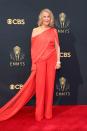 <p>Catherine O'Hara brought some colour to the red carpet, wearing a beautiful bright red design by Cong Tri. The ensemble was made up of an off-the-shoulder jumpsuit with dramatic draping and a long train.</p>