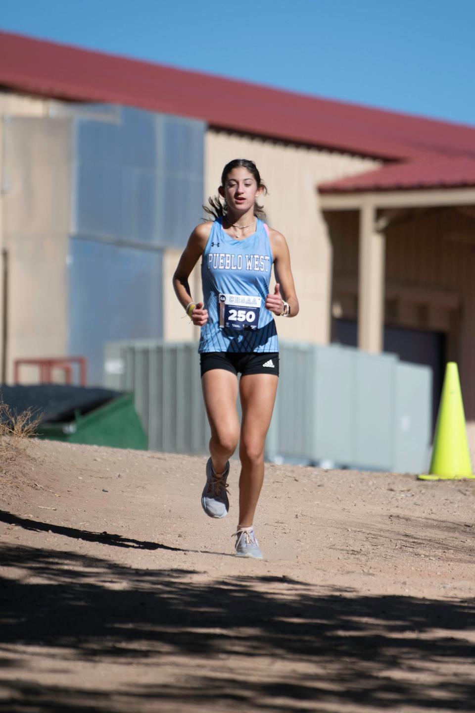 Pueblo West's Emma Vecchio competes in the Class 4A state cross country finals at the Norris Penrose Event Center in Colorado Springs on Saturday, Oct. 29, 2022.