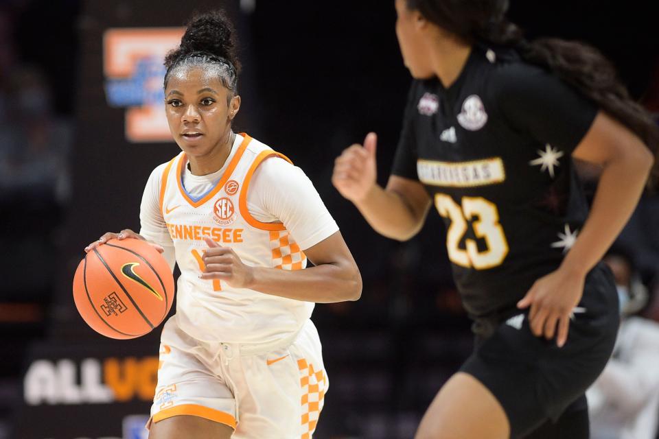 Tennessee guard Jordan Walker (4) dribbles down the court during a game at Thompson-Boling Arena between Tennessee and Mississippi State in Knoxville, Tenn. on Thursday, Feb. 24, 2022.