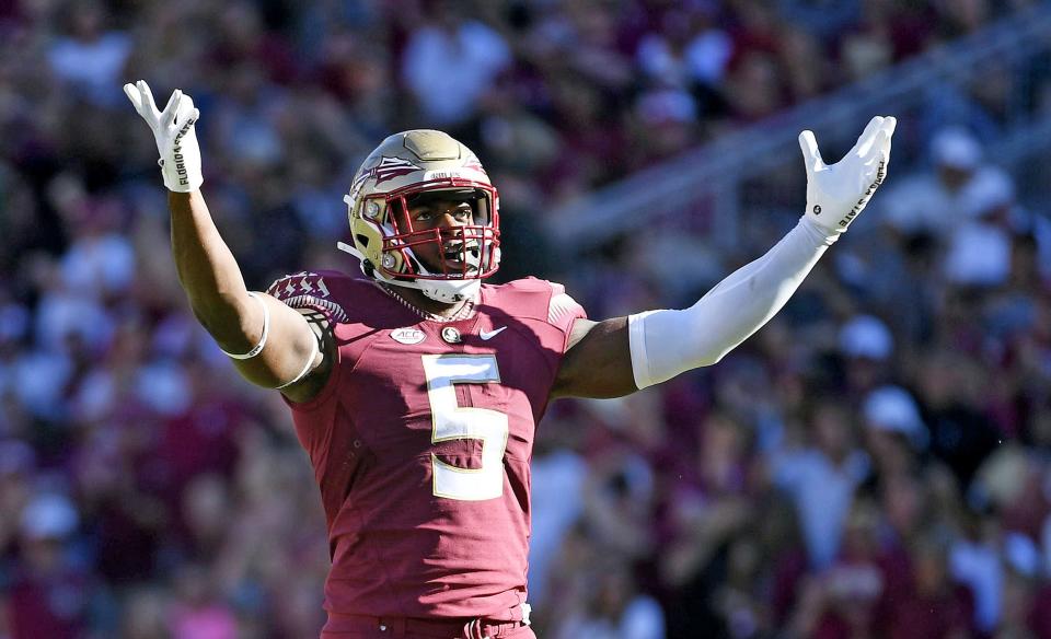 Oct 1, 2022; Tallahassee, Florida, USA; Florida State Seminoles defensive end Jared Verse (5) celebrates a sack during the first half against the Wake Forest Demon Deacons at Doak S. Campbell Stadium. Mandatory Credit: Melina Myers-USA TODAY Sports