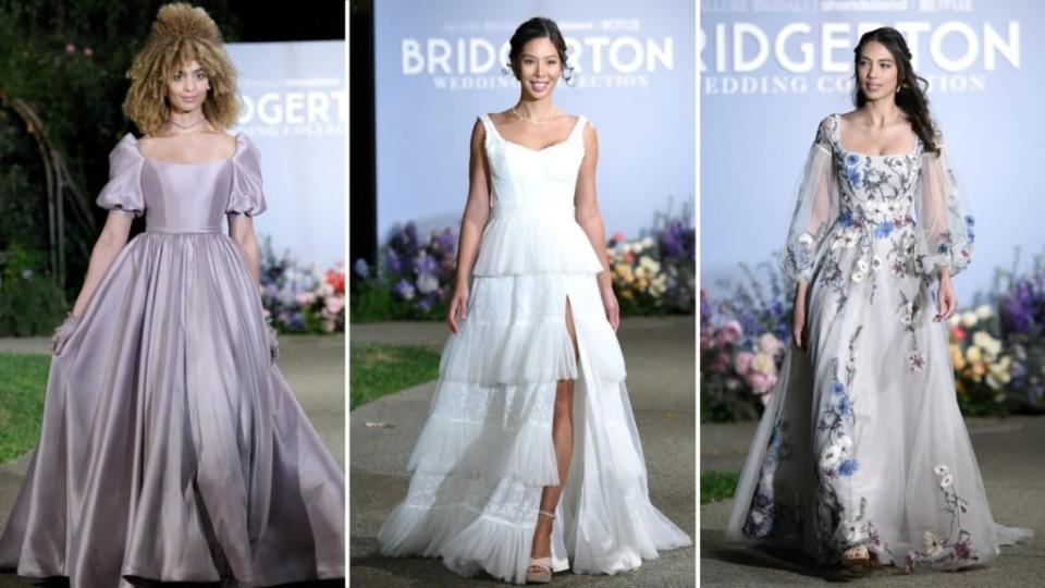 Models walk the runway for the Allure Bridals “Bridgerton” collection launch at the Huntington Library and Botanical Gardens in San Marino. (Getty Images)