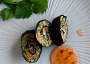 <div class="caption-credit"> Photo by: Photo by Kimberley Hasselbrink</div><b>Crunchy Beef Nori Rolls <br></b> <br> Combine ground beef with finely chopped shallots, shredded carrots, finely chopped reconstituted and drained dried mushrooms (or cooked shiitake mushrooms), grated fresh ginger and enough beaten egg to form a sticky mixture. Spread in a thin, even layer on a sheet of nori, then roll up tightly to form a roll, brushing the edge with water to seal. Pan-fry immediately, partially covered, in vegetable oil until crisp and the meat is cooked through. Cut the roll on the diagonal into thirds and serve with store-bought sweet chili dipping sauce.