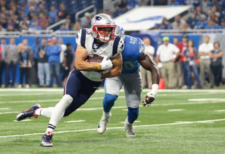 FILE PHOTO: Aug 25, 2017; Detroit, MI, USA; New England Patriots wide receiver Chris Hogan (15) makes a catch for a touchdown against Detroit Lions linebacker Jarrad Davis (40) during the first quarter at Ford Field. Raj Mehta-USA TODAY Sports