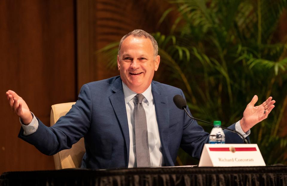 Richard Corcoran, Florida Education Commissioner and former Speaker of the Florida House, responds to questions asked by the Florida State Presidential Search Committee on Saturday, May 15, 2021.