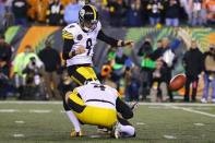 Dec 4, 2017; Cincinnati, OH, USA; Pittsburgh Steelers kicker Chris Boswell (9) kicks the game winning field goal against the Cincinnati Bengals in the second half at Paul Brown Stadium. Mandatory Credit: Aaron Doster-USA TODAY Sports