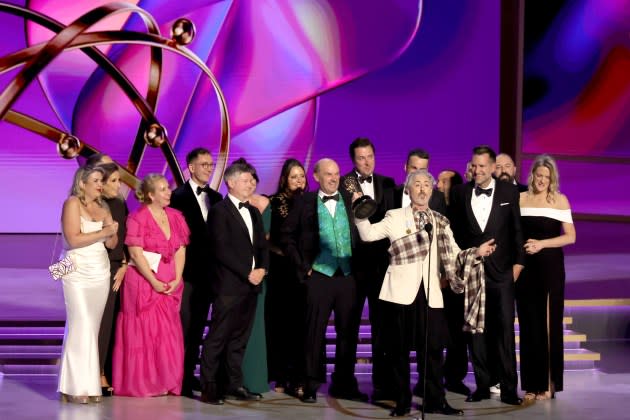 Alan Cumming (speaking, holding trophy) and cast and crew accept the Outstanding Reality Competition Program award for “The Traitors” onstage during the 76th Primetime Emmy Awards at Peacock Theater on September 15, 2024 in Los Angeles, California.   - Credit: Kevin Winter/Getty Image