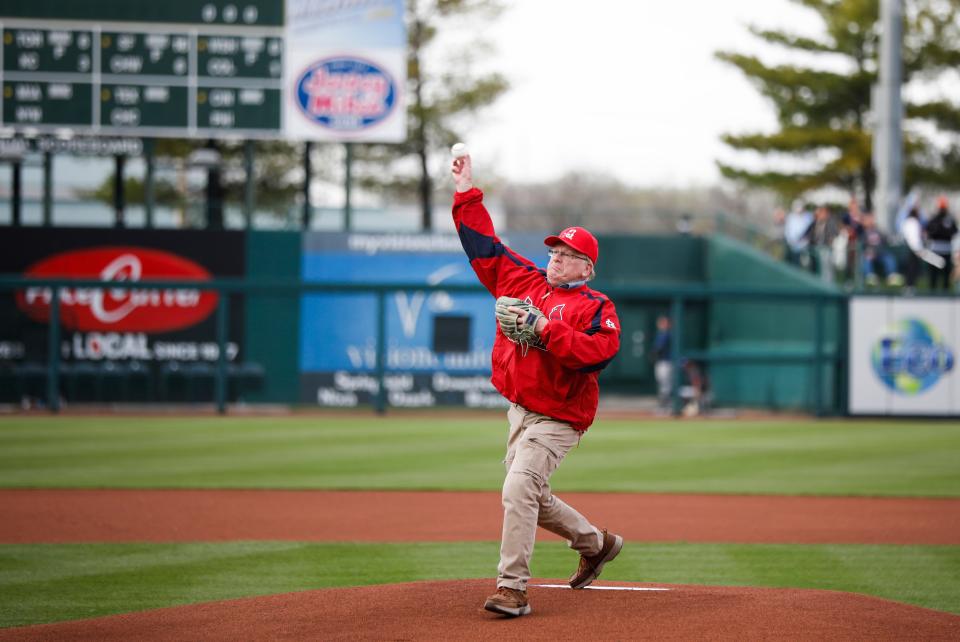 Springfield Mayor Ken McClure throws out the first pitch before the Cardinals home opener at Hammons Field on Thursday, April 6, 2023.