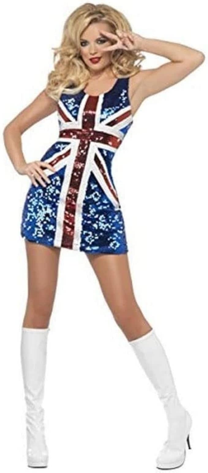 model wearing sparkly union jack dress with white gogo boots