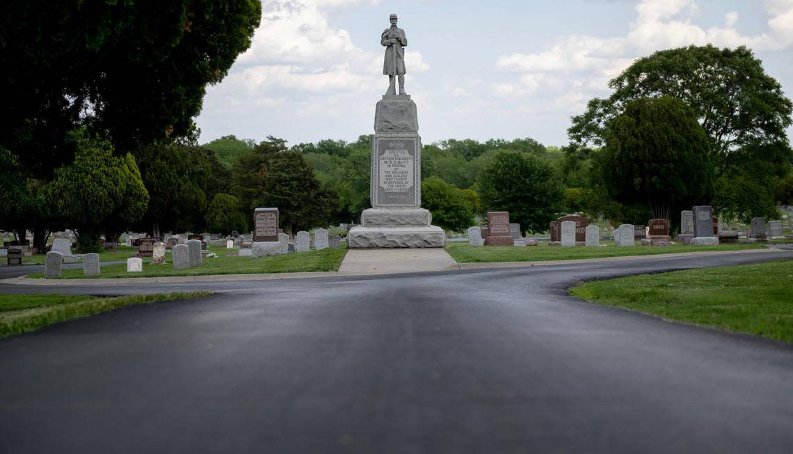 This granite soldier statue at Maple Hill Cemetery, 2301 S. 34th St. in Kansas City, Kansas, is a memorial to the soldiers and sailors who defended the Union during the Civil War. The memorial was erected by a Civil War veteran in 1910.