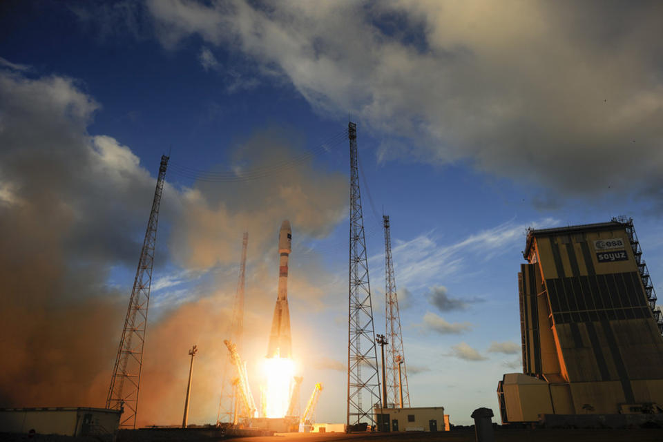 This image publicly provided by the European Space Agency ESA, shows Sentinel-1A satellite as it lifts off from Europe’s Spaceport in Kourou, French Guiana, on Thursday, April 3, 2014. ESA said Friday, April 4, 2014, it has successfully launched the first in a series of satellites that will form the nucleus of its new Copernicus monitoring system, which is aimed at providing better and quicker information about natural disasters and other catastrophes. (AP Photo/European Space Agency, ESA/Stephane Corvaja) MANDATORY CREDIT