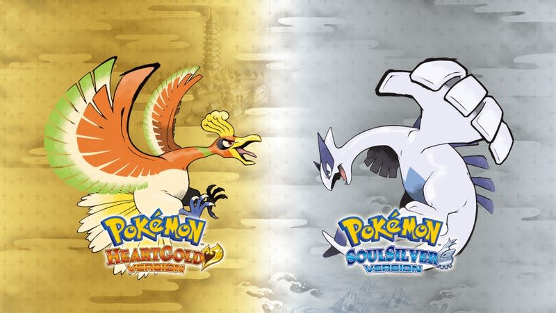 Ho-oh and Lugia are shown in front of gold and silver backgrounds alongside the Pokémon HeartGold and SoulSilver logos.
