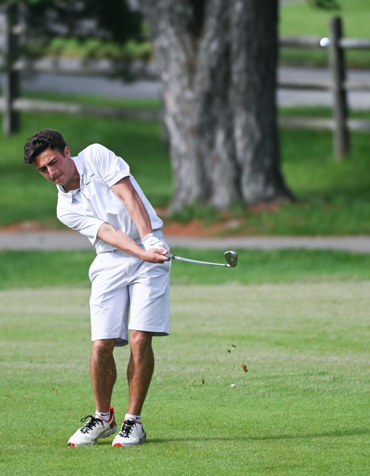 Bloomington North’s Grant McCrea hits a shot during the Bloomington North golf invite at Cascades Golf Course on Saturday, May 4, 2024.