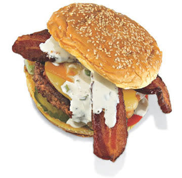 Chiliâ€™s Smokehouse Bacon Triple Cheese Big Mouth Burger with JalapeÃ±o Ranch Dressing