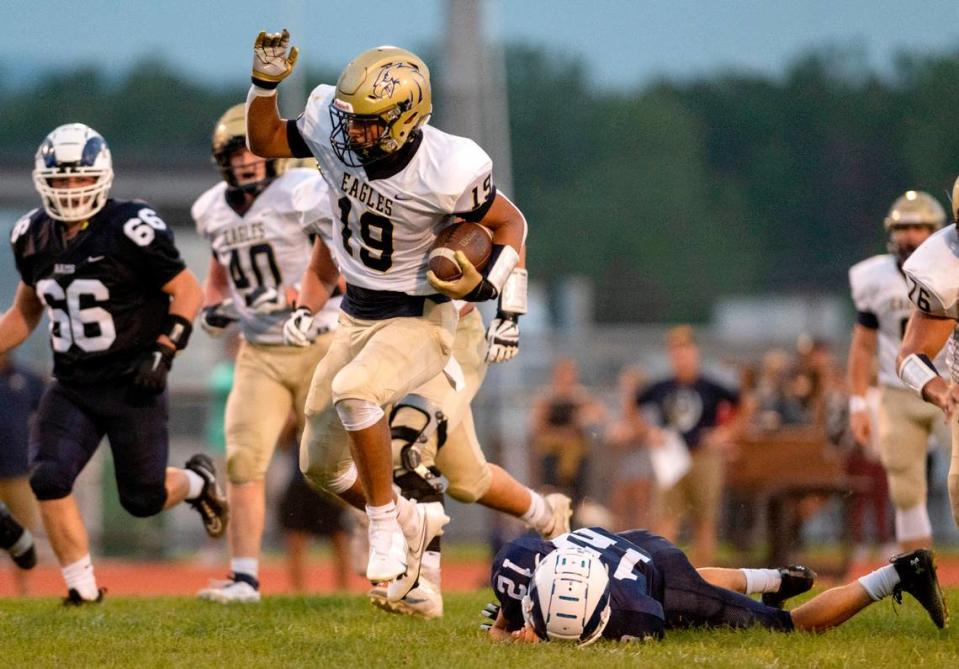 Bald Eagle Area’s Camron Watkins evades a tackle from Penns Valley’s Colton Shawver during the game on Friday, Sept. 8, 2023.