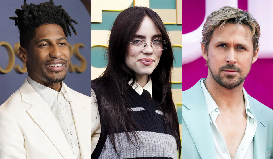 En esta combinación de fotografías Jon Batiste, izquierda, Billie Eilish, centro, y Ryan Gosling, quienes tendrán números musicales en los Oscar el 10 de marzo. (Foto AP)