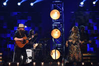 <p>Chris Stapelton and Morgane Stapleton perform onstage at the 51st annual CMA Awards at the Bridgestone Arena on November 8, 2017 in Nashville, Tennessee. (Photo by John Shearer/WireImage) </p>
