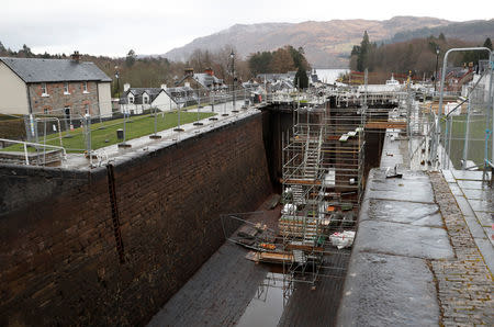 A section of the Caledonian canal has been drained to replace the lock gates at Fort Augustus, Loch Ness, Scotland, Britain March 8, 2019. Picture taken March 8, 2019. REUTERS/Russell Cheyne