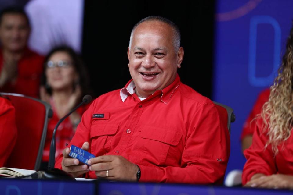 Diosdado Cabello speaks at a Caracas news conference during the November 2021 election to choose governors, mayors and legislators. EFE/EFE/Sipa USA