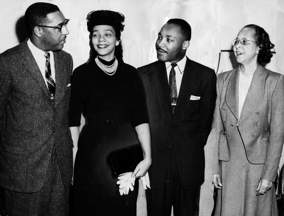 Portrait of American Civil Rights and religious leaders Dr Samuel DeWitt Proctor (1921 - 1997) (left) of Virginia Union University and Dr Martin Luther King Jr (1929 - 1968), along with King's wife, fellow activist Coretta Scott King (1927 - 2006) (second left), and an unidentified woman, March 9, 1957. (Photo by Afro American Newspapers/Gado/Getty Images)