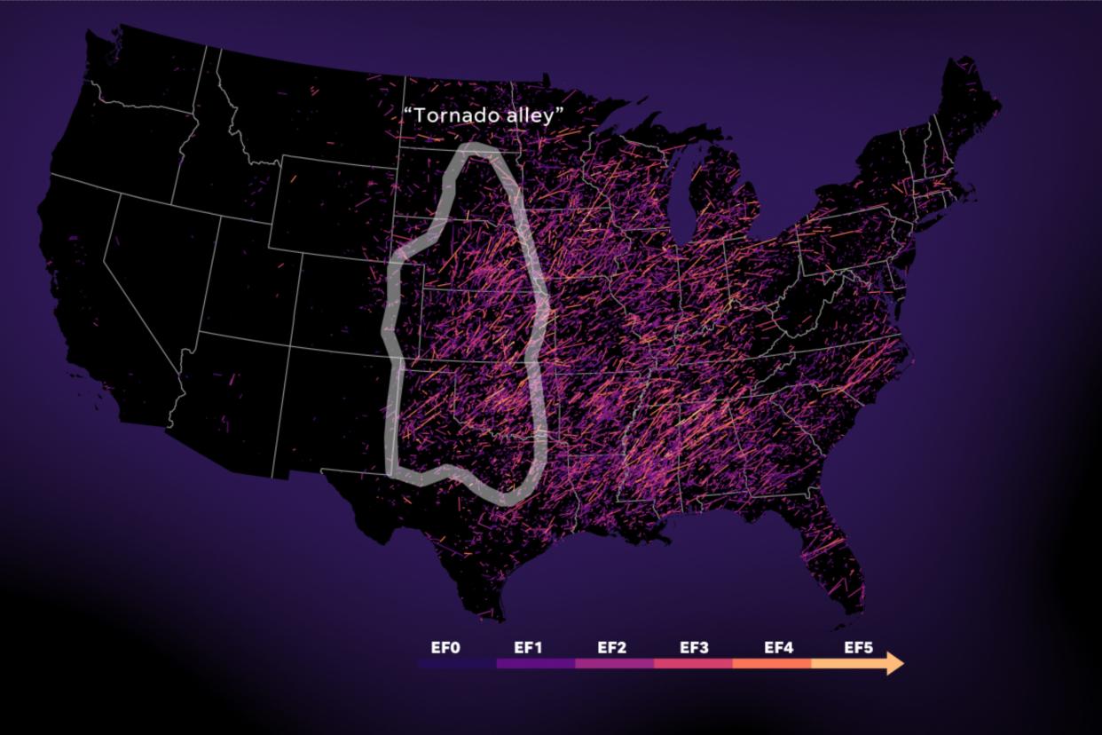 EF1 or greater tornadoes 1950-2019.