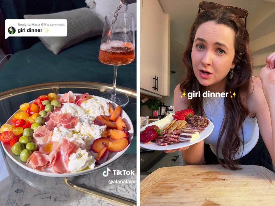 Plates from the viral TikTok "girl dinner" trend.