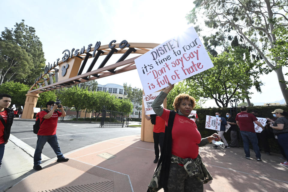 IMAGE DISTRIBUTED FOR AIDS HEALTHCARE FOUNDATION - A crowd at a rally at the Walt Disney Company in Burbank spearheaded by advocates from AIDS Healthcare Foundation on Thursday, March 03, 2022 in Burbank, Calif. The advocates targeted Disney in two near simultaneous rallies in Orlando and Burbank, CA to urge Disney to publicly speak out to oppose Florida's hateful, homophobic 