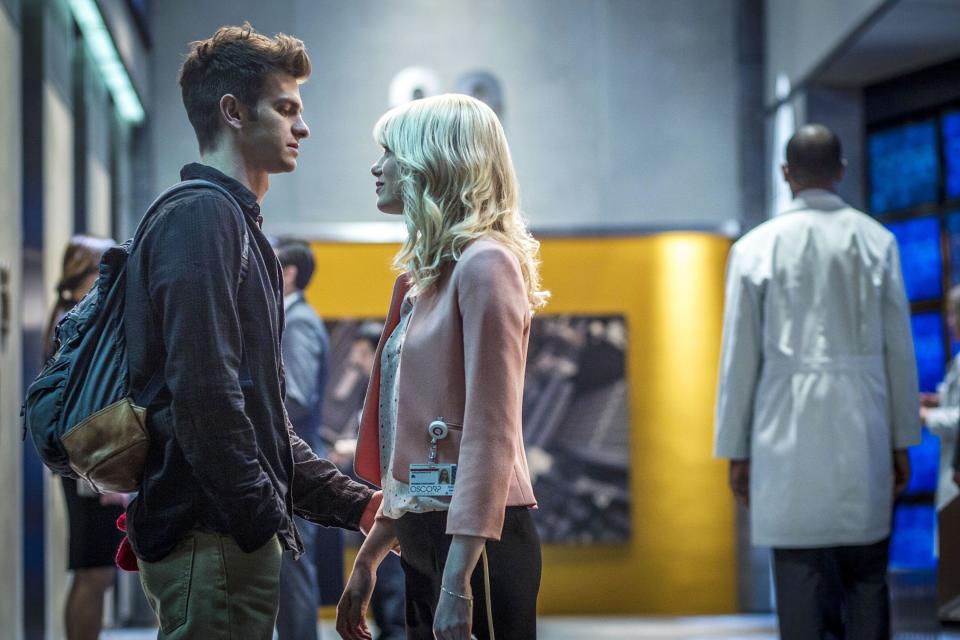 Los Angeles, USA. Andrew Garfield and Emma Stone in the ©Columbia Pictures new movie: The Amazing Spider-Man 2 (2014) . A sequel to the 2012 blockbuster that follows the continuing adventures of Peter Parker, also known as Spider-Man. Release Date: 18 April 2014 (U/K), 2 May 2014 (USA). Ref:  LMK106-48079-070414 Supplied by LMKMEDIA. Editorial Only. Landmark Media is not the copyright owner of these Film or TV stills but provides a service only for recognised Media outlets. pictures@lmkmedia.com