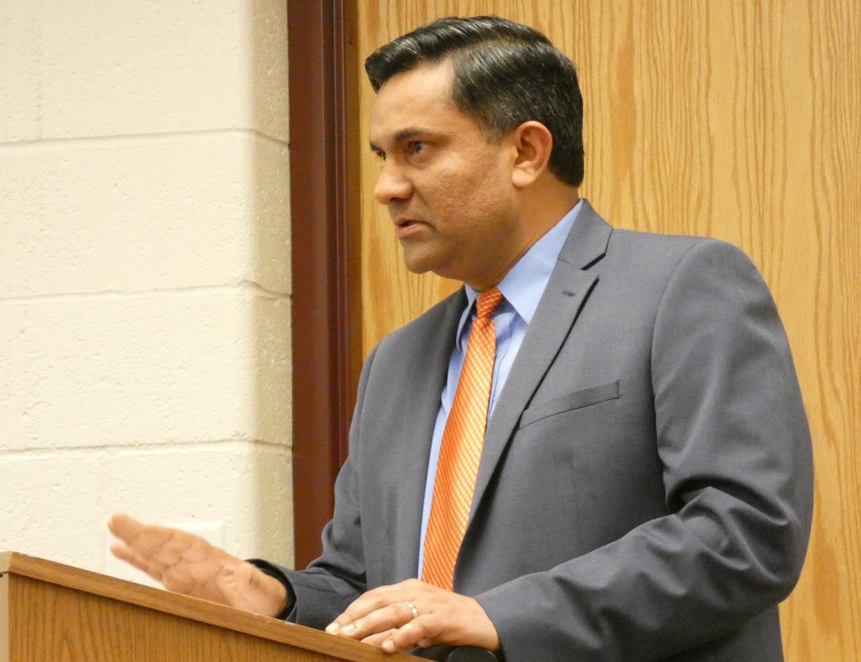 Dr. Javier Singh, principal of Bucyrus Secondary School, speaks during Thursday’s regular meeting of the Bucyrus City School District Board of Education.