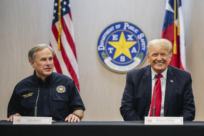 Texas Gov. Greg Abbott addresses former President Donald Trump during a border security briefing to discuss further plans in securing the southern border wall on Wednesday, June 30, 2021, in Weslaco, Texas. (Brandon Bell/Pool via AP)