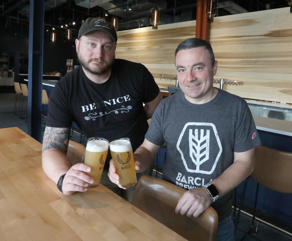 Co-owners Zac Ross, left, founder of Marlowe Artisinal Ales and Brian Barclay of Barclay Brewing Co. at New York Craft Coalition brewery, which should open the week of August 16 in Mamaroneck. Photographed Aug. 3, 2023.