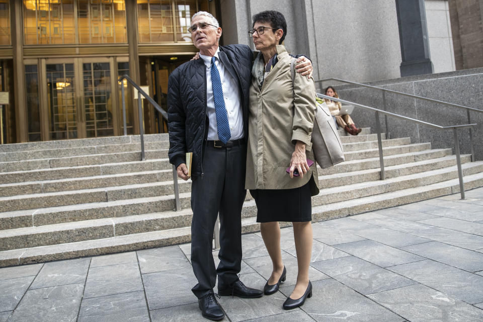 Barbara Fried and Joseph Bankman, parents of FTX founder Sam Bankman-Fried exit the Manhattan federal court on Tuesday, Oct. 10, 2023, in New York. (AP Photo/Eduardo Munoz Alvarez)