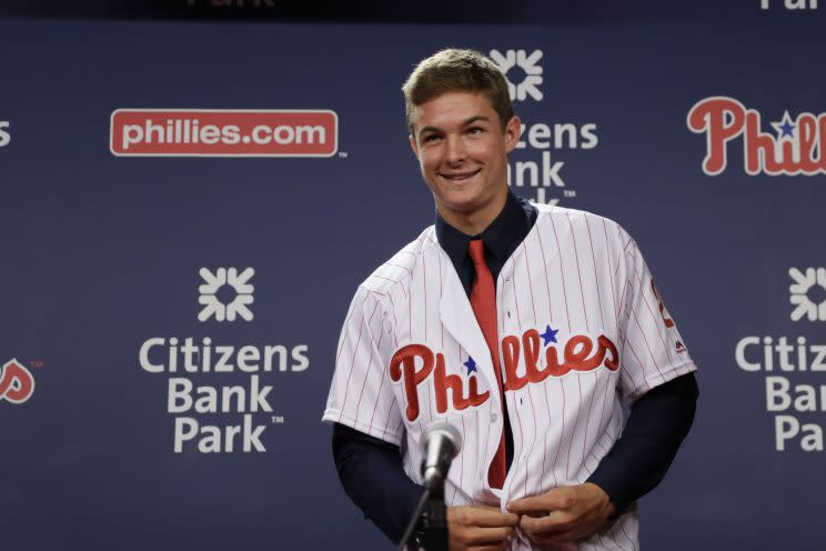 Mickey Moniak, the Philadelphia Phillies' first overall selection in 2016 MLB draft, smiles during a baseball news conference at Citizens Bank Park, Tuesday, June 21, 2016, in Philadelphia. (AP Photo/Matt Slocum)