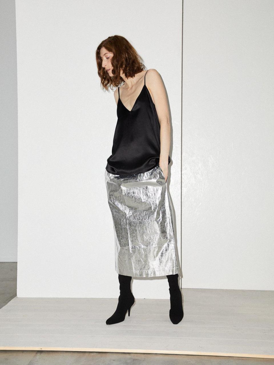 Foil effect skirt, £250, Raey at Matchesfashion.com