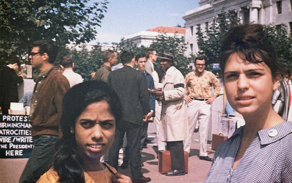 This undated photo provided by the Kamala Harris campaign in April 2019 shows her mother, Shyamala Gopalan, left, and her mother's friend, Lenore Pomerance, during a civil rights protest in Berkeley, Calif. - Kamala Harris campaign/AP