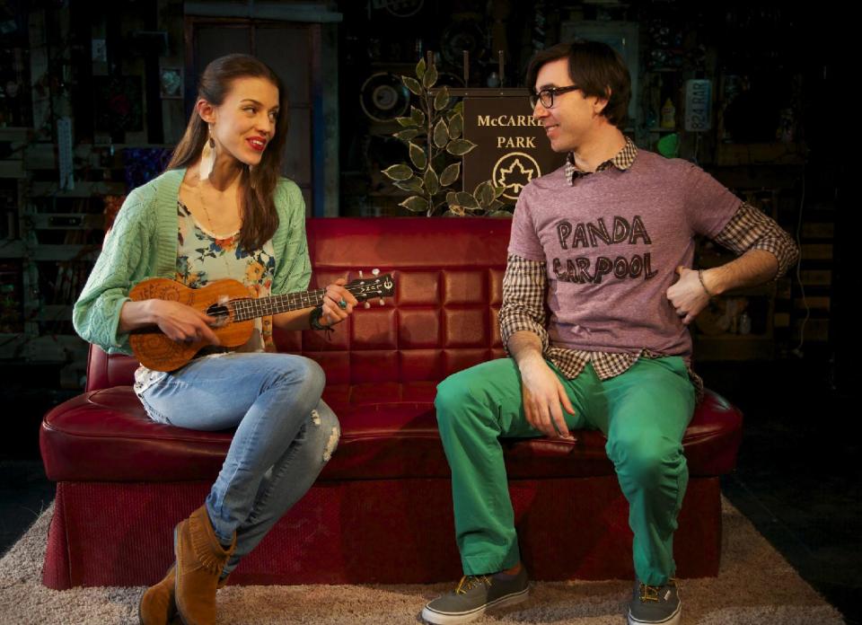 This March 21, 2013 theater image released by Springer Associates PR shows, Katherine Cozumel, left, and Max Crumm during a performance of "F#%king Up Everything," in New York. (AP Photo/Springer Associates PR, T Charles Erickson)