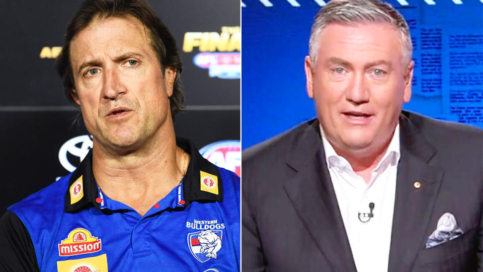 Pictured right is AFL identity Eddie McGuire alongside a photo of Western Bulldogs coach Luke Beveridge.