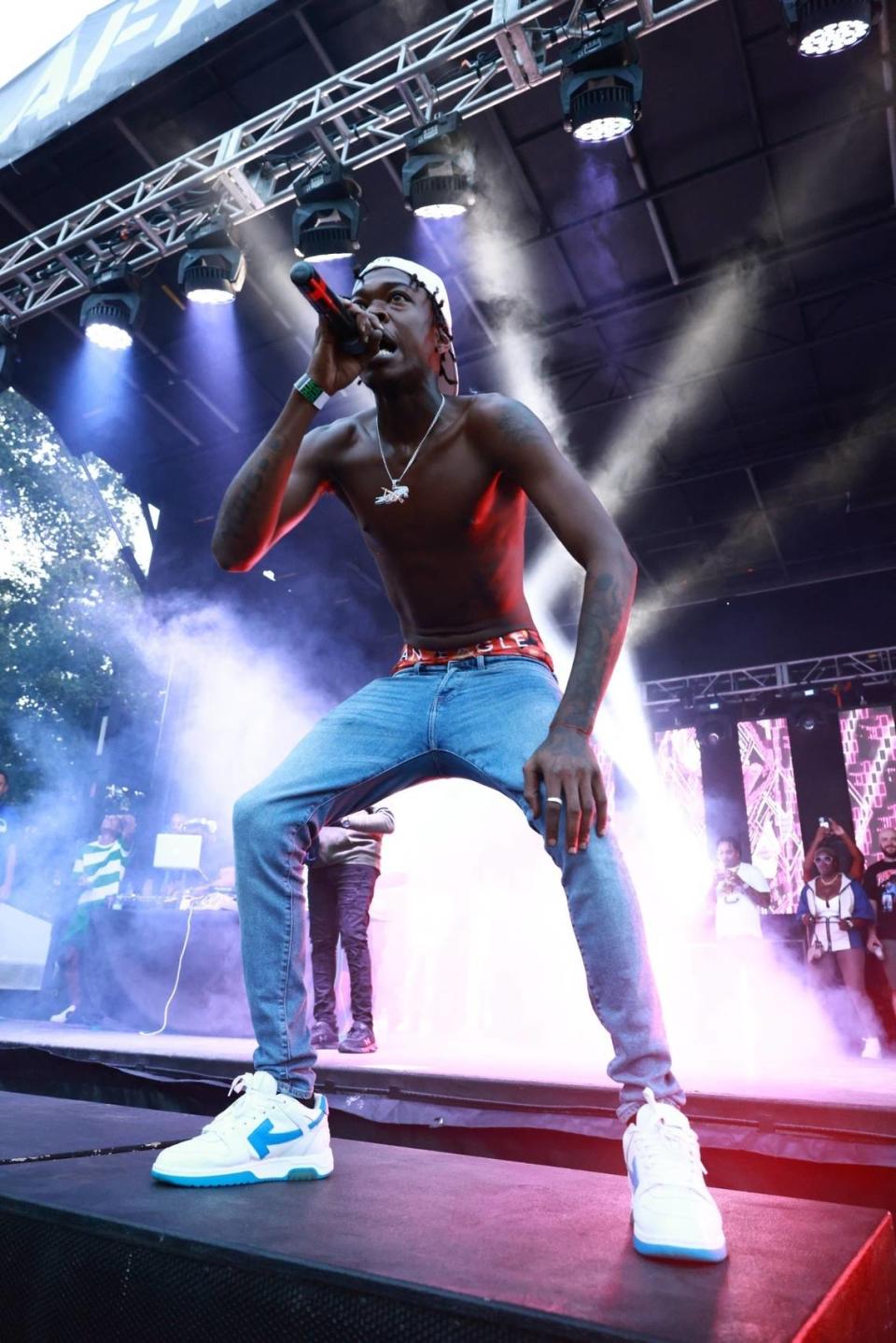 Jamaican dancehall artist Skillibeng performs at Planet AFROPUNK: Miami in the Overtown neighborhood of Miami, Florida on Sunday, May 22, 2022. This was the 25-year-old’s first show in the United States.