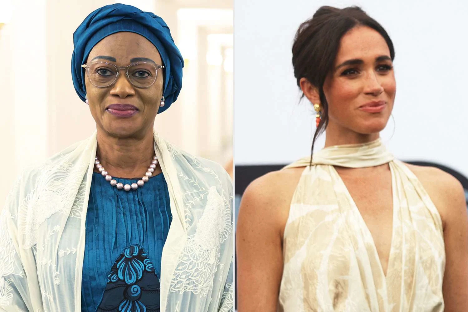 <p>Mustafa Kamaci/Anadolu/Getty; Kola Sulaimon/AFP/Getty</p> (Right) First Lady of Nigeria, Sen. Oluremi Tinubu in Istanbul, Turkey, on April 19, 2024; (Left) Meghan Markle at a polo match in Lagos, Nigeria, on May 12, 2024. 