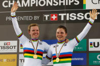 Cycling - UCI Track World Championships - Women's Madison, Final - Hong Kong, China – 15/4/17 - Belgium’s Lotte Kopecky celebrates with Jolien D'hoore after winning gold medals. REUTERS/Bobby Yip