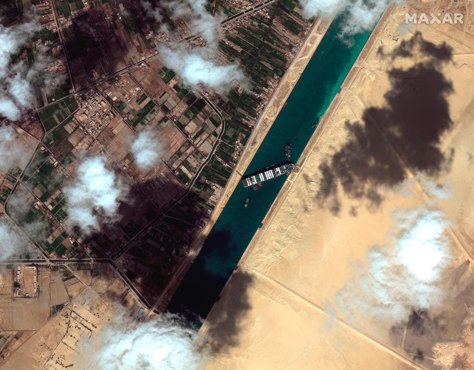 March 27, 2021: This satellite image from Maxar Technologies shows the cargo ship MV Ever Given stuck in the Suez Canal near Suez, Egypt.