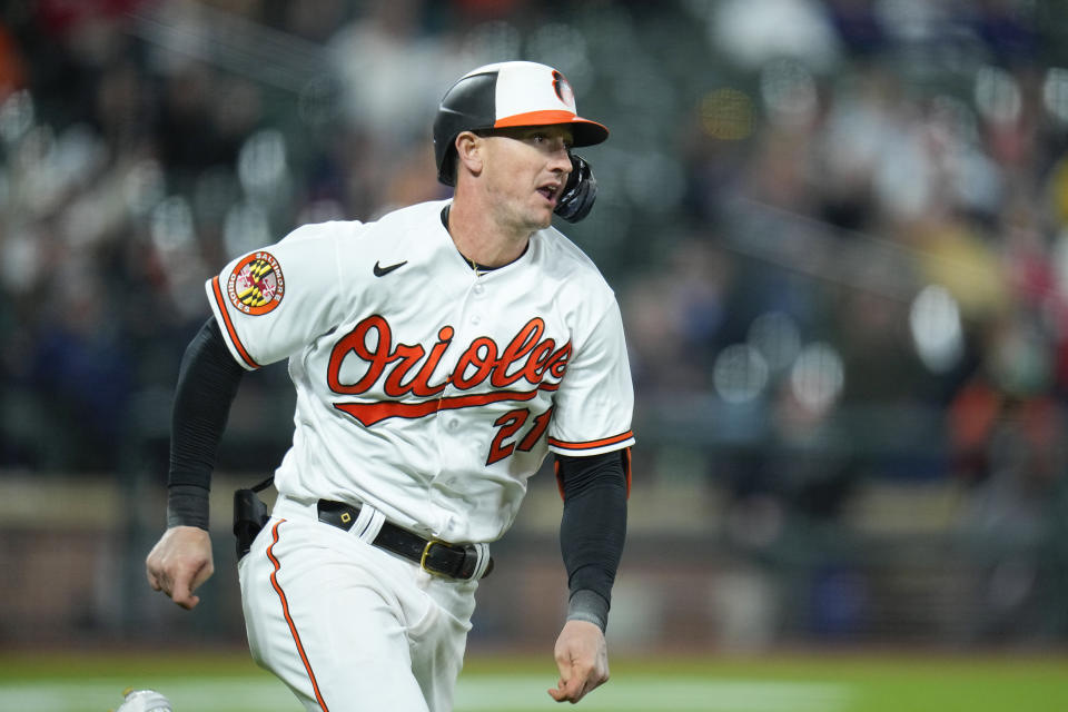 Baltimore Orioles' Austin Hays watches his single against the Boston Red Sox during the seventh inning of a baseball game, Monday, April 24, 2023, in Baltimore, Md. The Orioles won 5-4. (AP Photo/Julio Cortez)